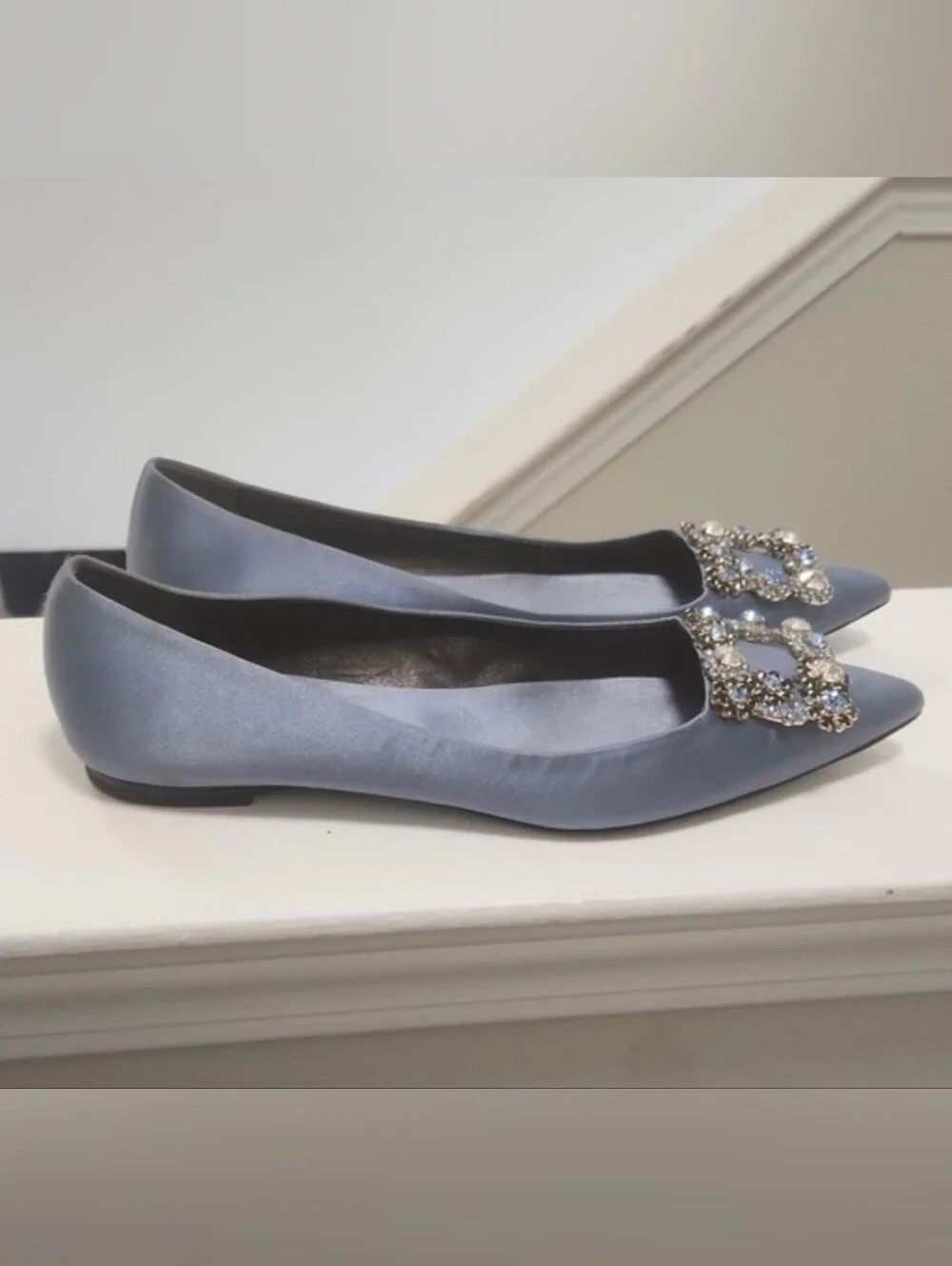 Roger Vivier Slate Blue Satin Pointed Jewel Buckle Flats